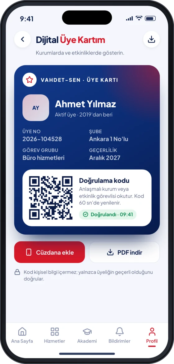 Dijital üye kartı ekranı