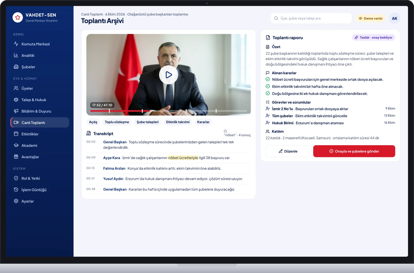 Arşiv, transkript ve rapor ekranı